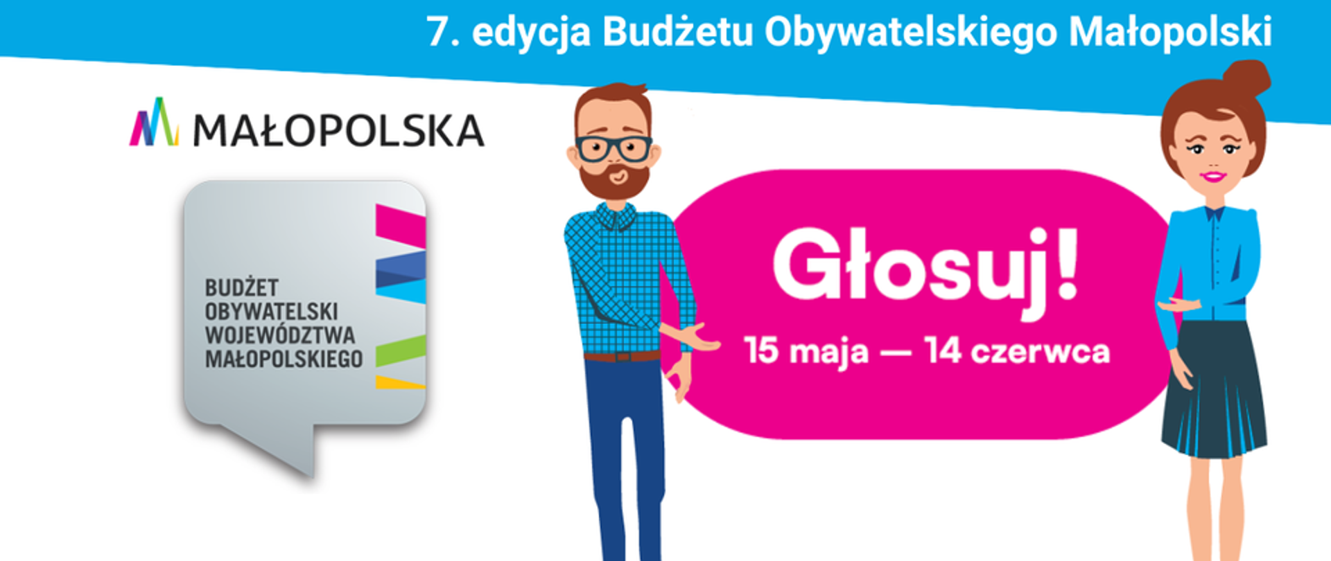 Kobieta i mężczyzna zachęcający do głosowania w dniach 15 maja do 14 czerwca na Budżet Obywatelski