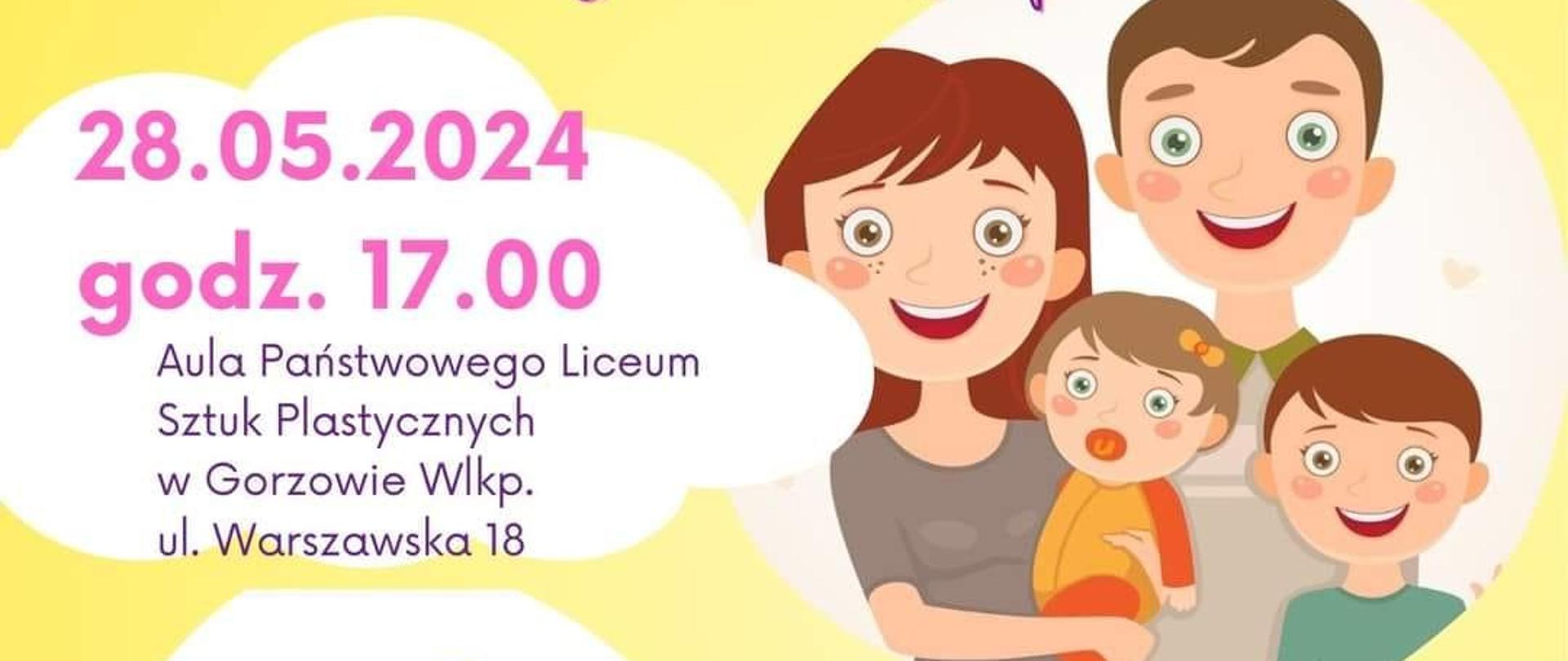 Na żółtym tle tytuł koncertu. Po lewej stronie informacja o terminie, po prawej uśmiechnięta rodzina. Poniżej program koncertu. Na dole logotyp szkoły, kolorowe balony i zaproszenie.