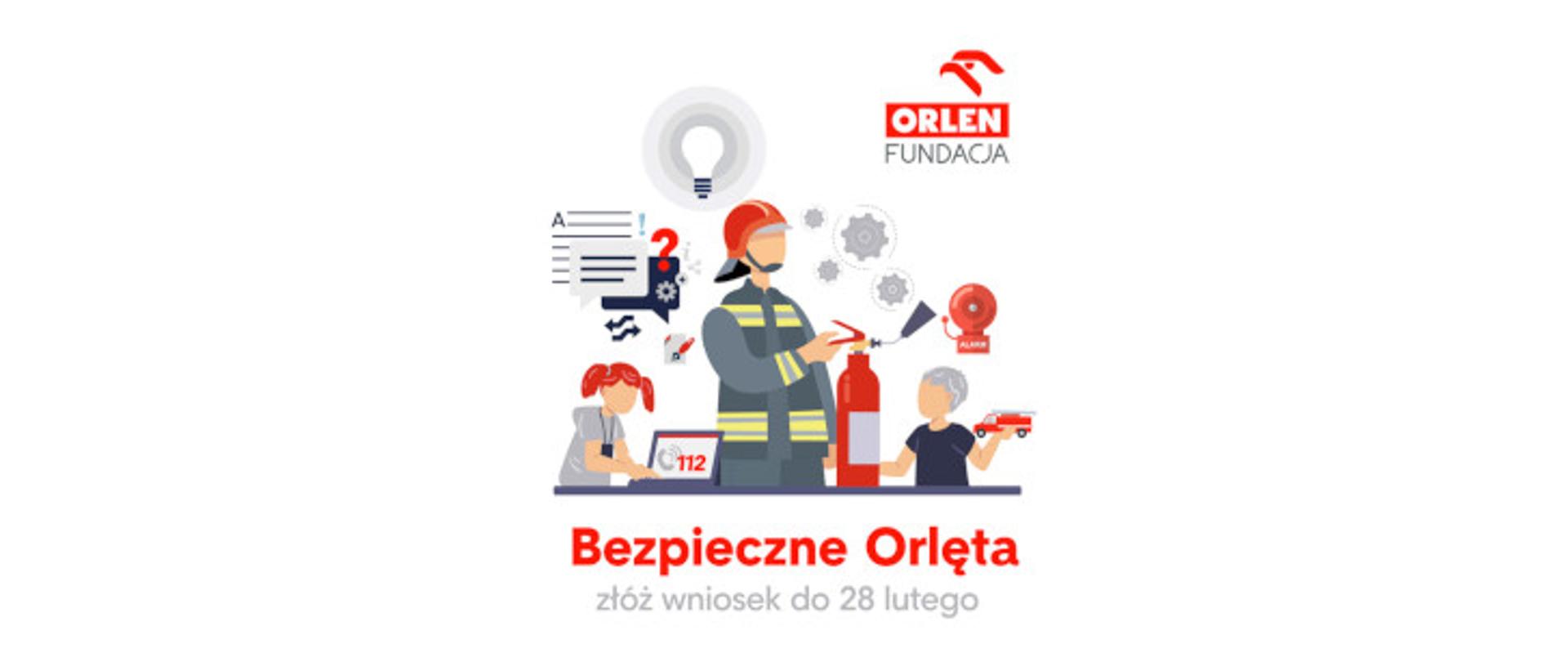 infografika programu Bezpieczne Orlęta, - strażak za gaśnicą, obok stoi chłopiec z samochodem strażackim oraz dziewczynka przy komputerze