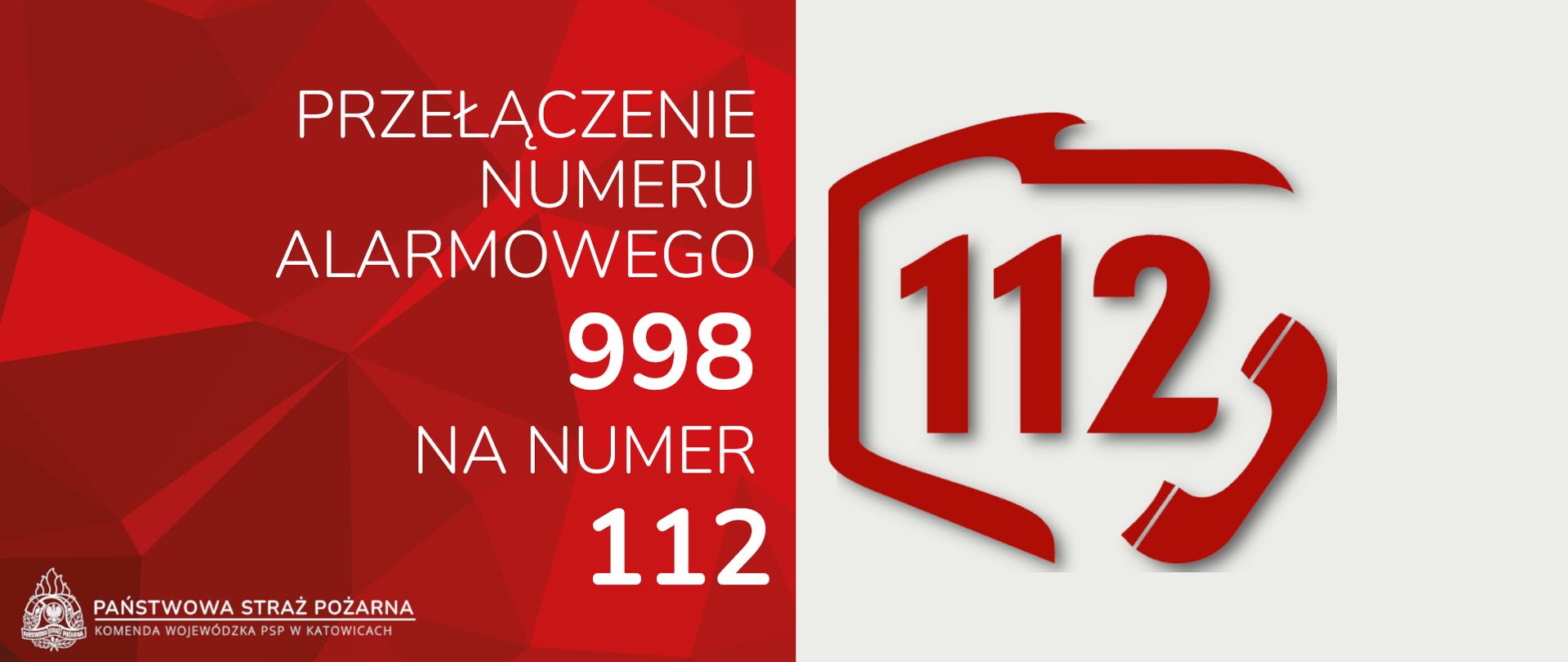 czerwono biały baner przedstawiający informację o przełączeniu numeru alarmowego 998 na 112