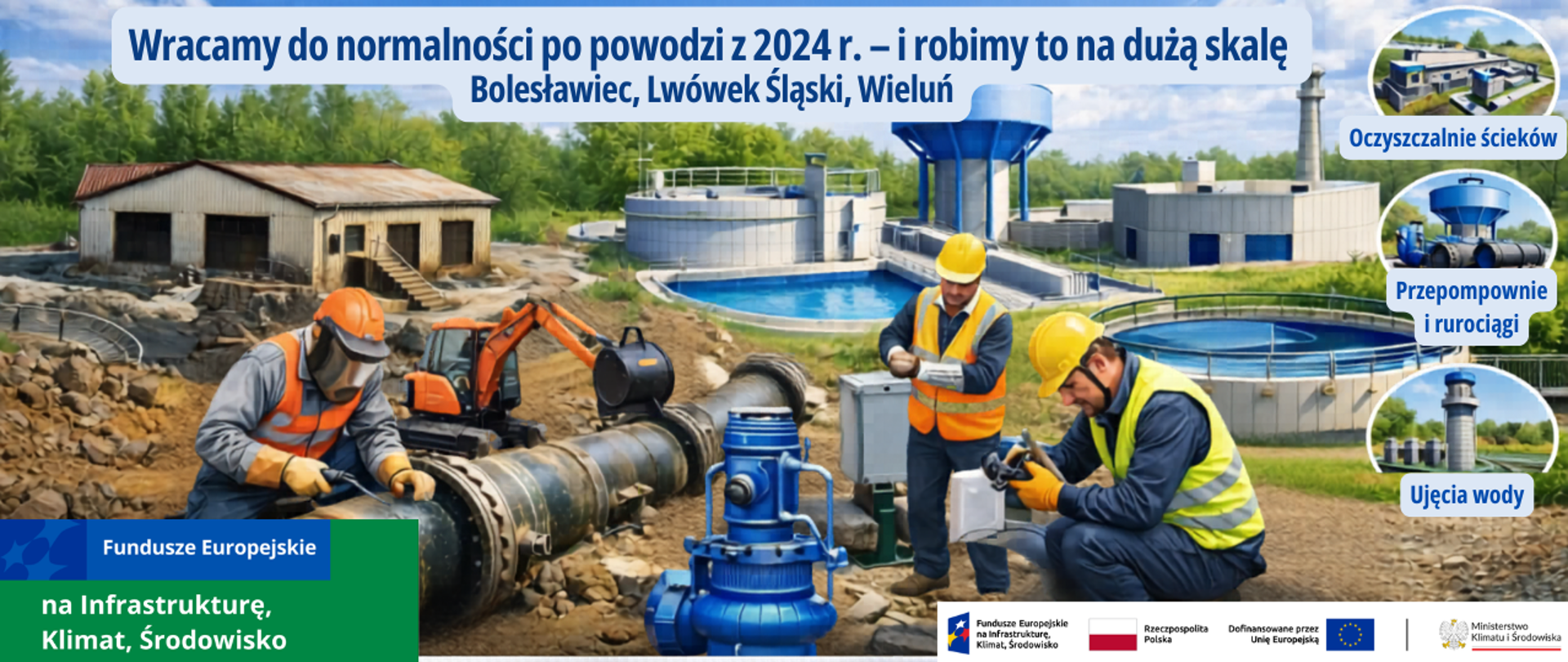 Pracownicy w odzieży ochronnej prowadzą prace przy dużym rurociągu i instalacji wodnej na terenie infrastruktury wodociągowo‑ściekowej. W tle widoczne są zbiorniki oczyszczalni ścieków, wieża ciśnień oraz budynki techniczne. Grafika zawiera tekst: „Wracamy do normalności po powodzi z 2024 r. – i robimy to na dużą skalę. Bolesławiec, Lwówek Śląski, Wieluń” oraz elementy informujące o inwestycjach: oczyszczalnie ścieków, przepompownie i rurociągi, ujęcia wody. Widoczne są także oznaczenia Funduszy Europejskich wraz z logotypami.