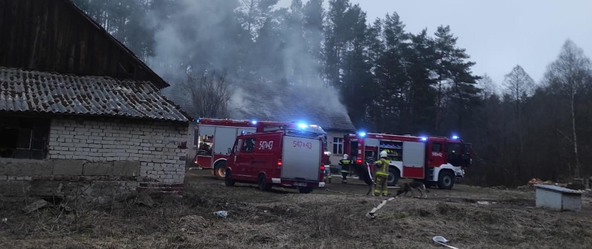 Pożar budynku mieszkalnego w miejscowości Iwin - trzy samochody ratowniczo-gaśnicze, koloru czerwone na tle palącego się budynku