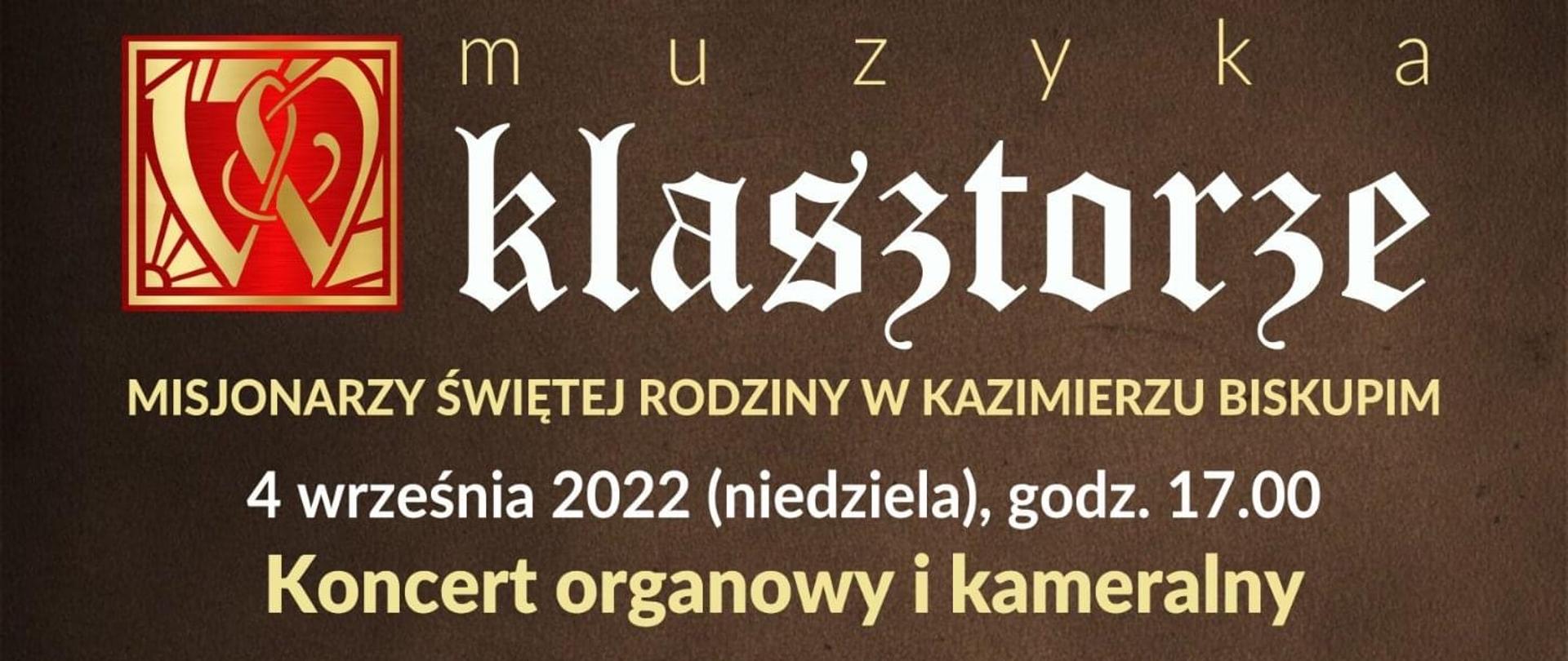 Plakat w kolorze brązowym, manuały organów i nuty na pulpicie.
