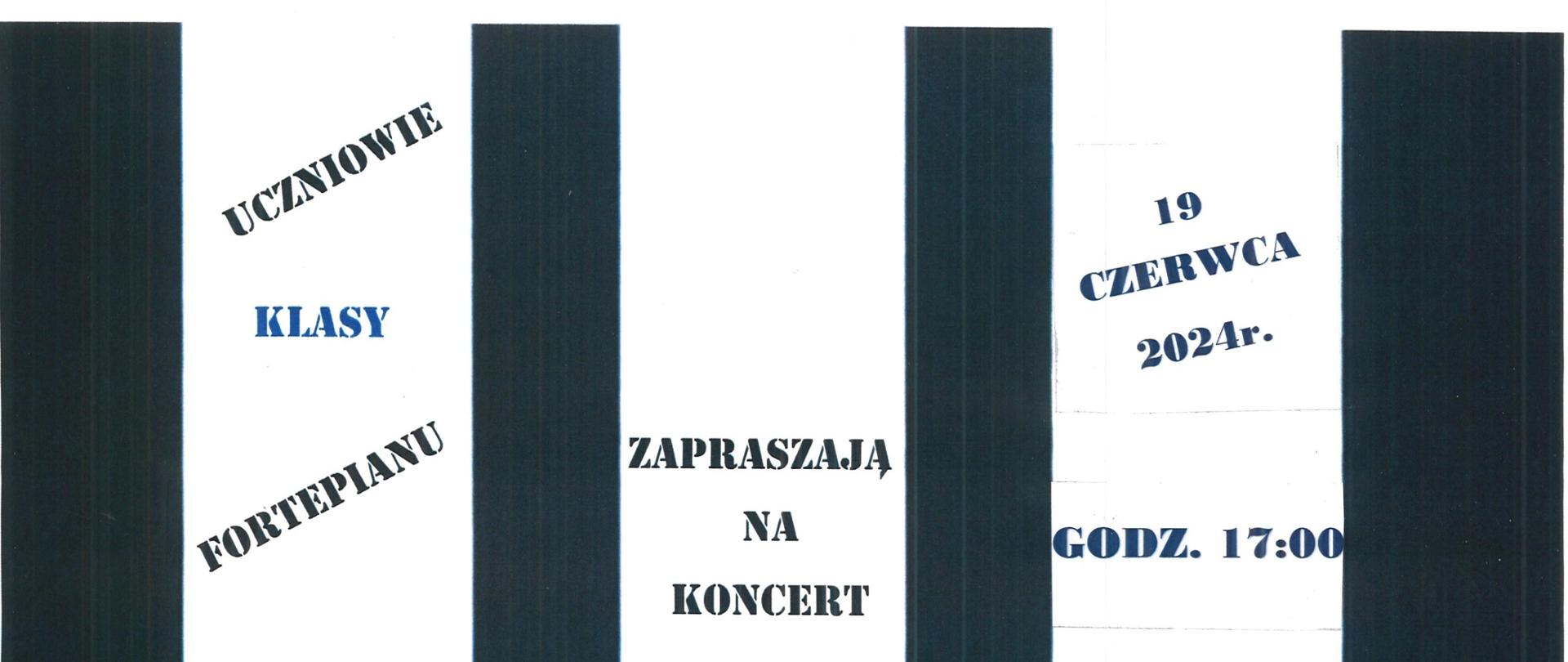 Plakat z wydarzeniem - Koncert "LUBIĘ TO CO GRAM" uczniów klasy fortepianu Lubow Pendereckiej, który odbędzie się 19 czerwca 2024r. o godz. 17:00 w sali koncertowej ZPSM w Dębicy, tłem plakatu jest biało-czarna klawiatura, na środku umieczona została uśmiechnięta i machająca emotka, nad nią mała kolorowa pięciolinaia z nutami 