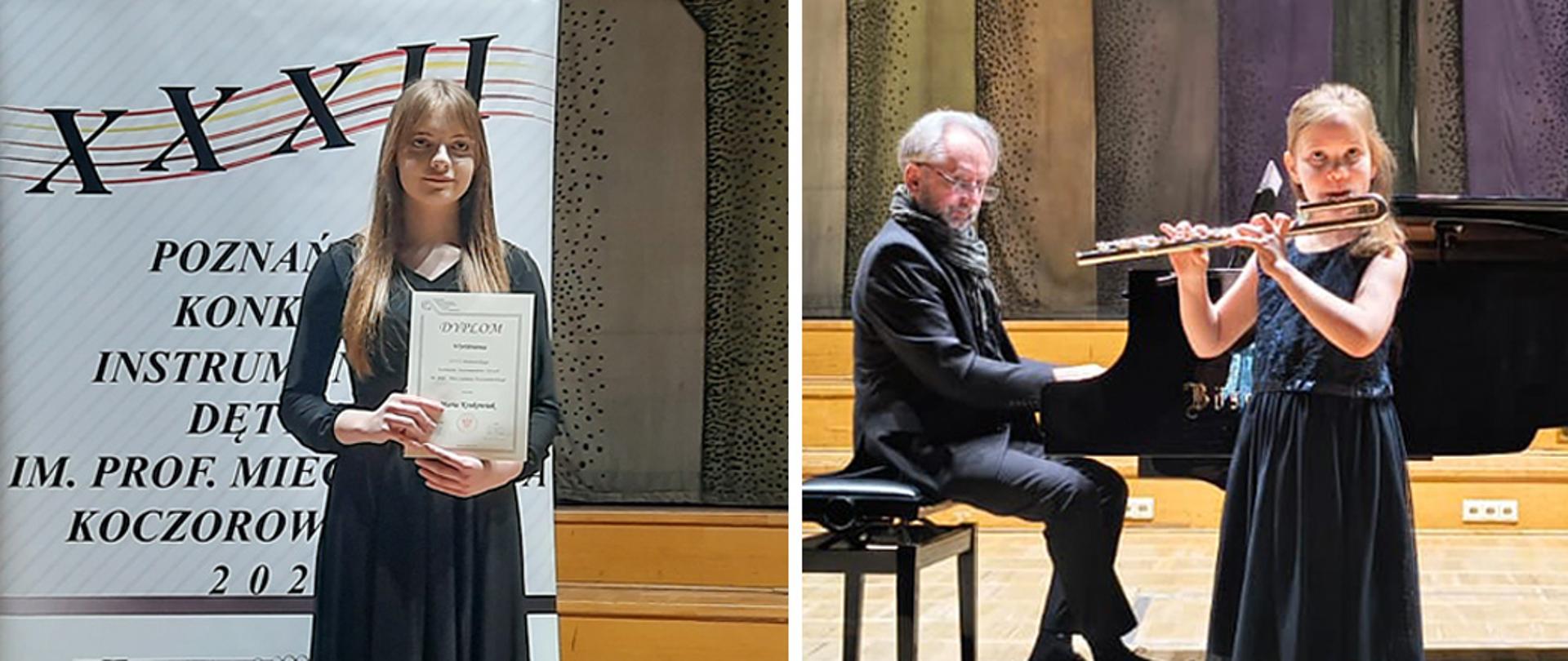 Dwie uczennice ZPSM, jedna trzyma dyplom na tle banera konkursowego, druga gra na flecie, akompaniuje nauczyciel.