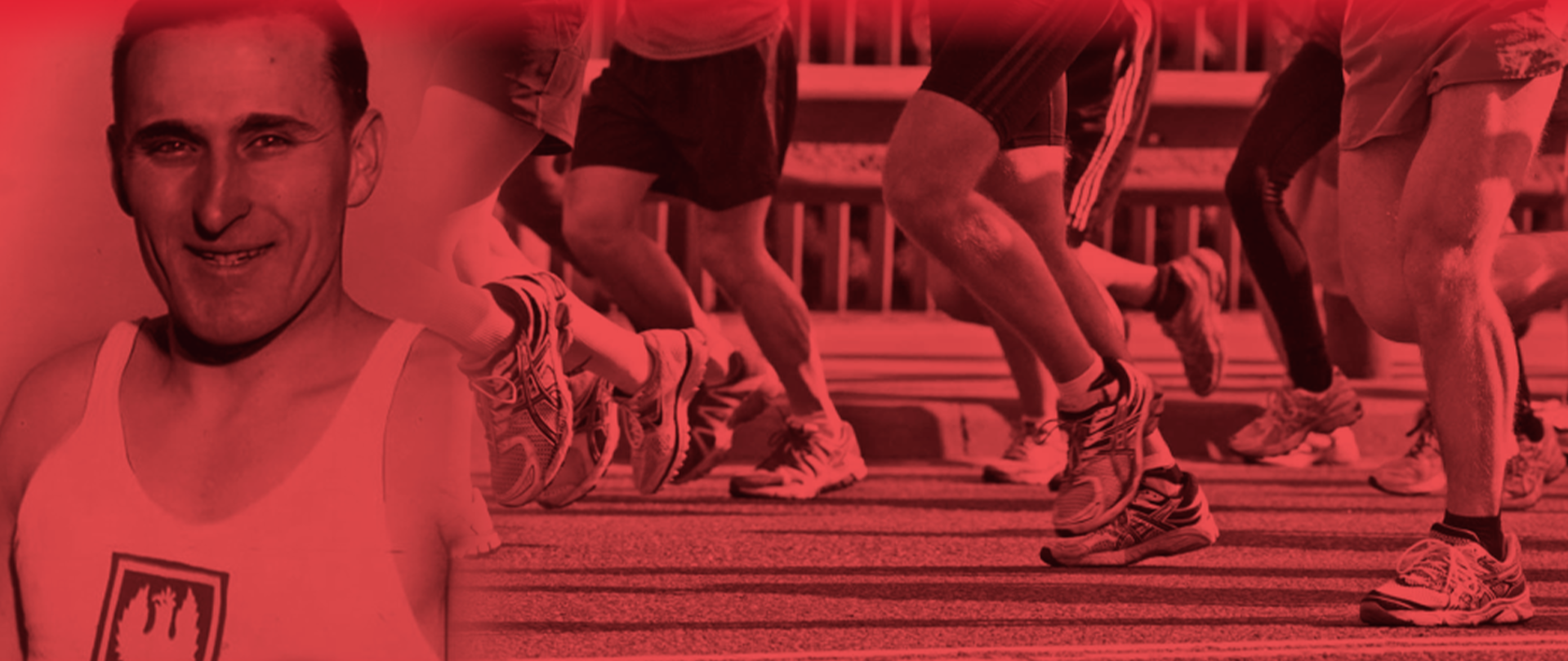 plakat z biegnącymi sportowcami i J. Kusocińskim