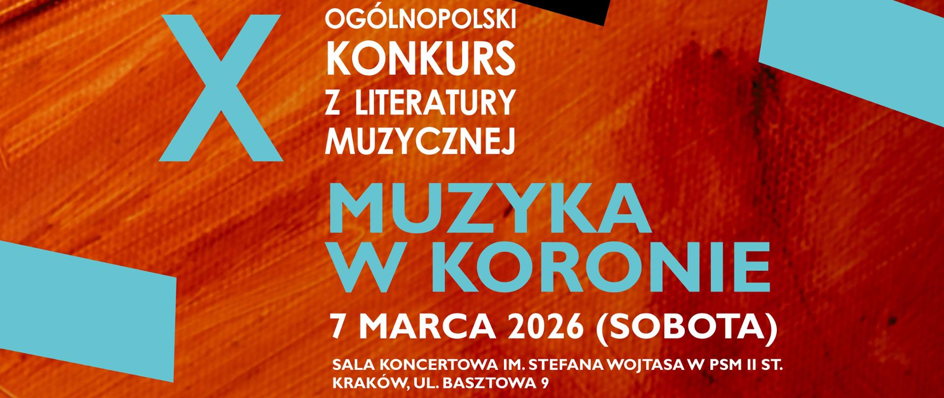 pomarańczowe tło o fakturze pociągnięć pędzla, w górnej części obrazek korony, w której znajdują się postaci kompozytorów, poniżej nazwa konkursu, data i godzina