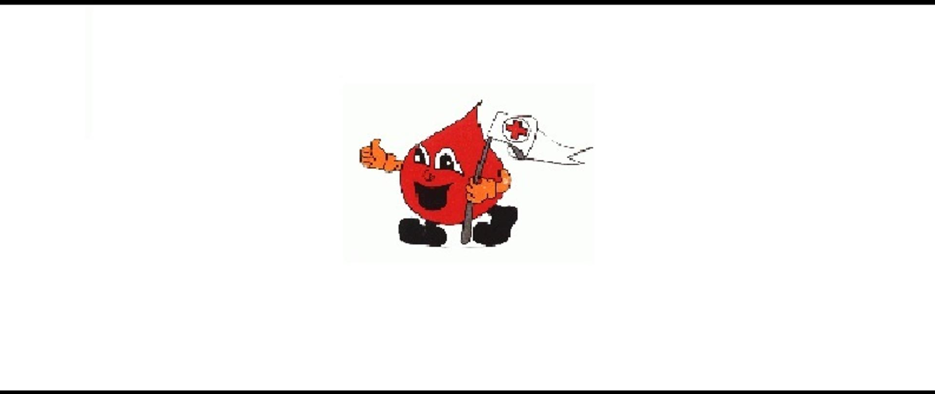 Czerwona kropla krwi z białą chorągiewką, na której jest czerwony krzyż.