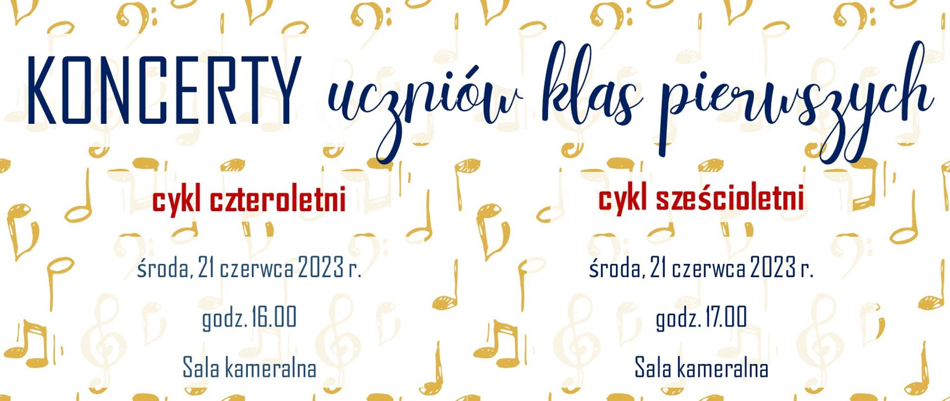 Baner na białym tle ze złotymi nutkami. U góry ciemnoniebieski napis z nazwą wydarzeń. W centrum czerwone i niebieskie napisy - wykonawcy, data i miejsce wydarzeń.