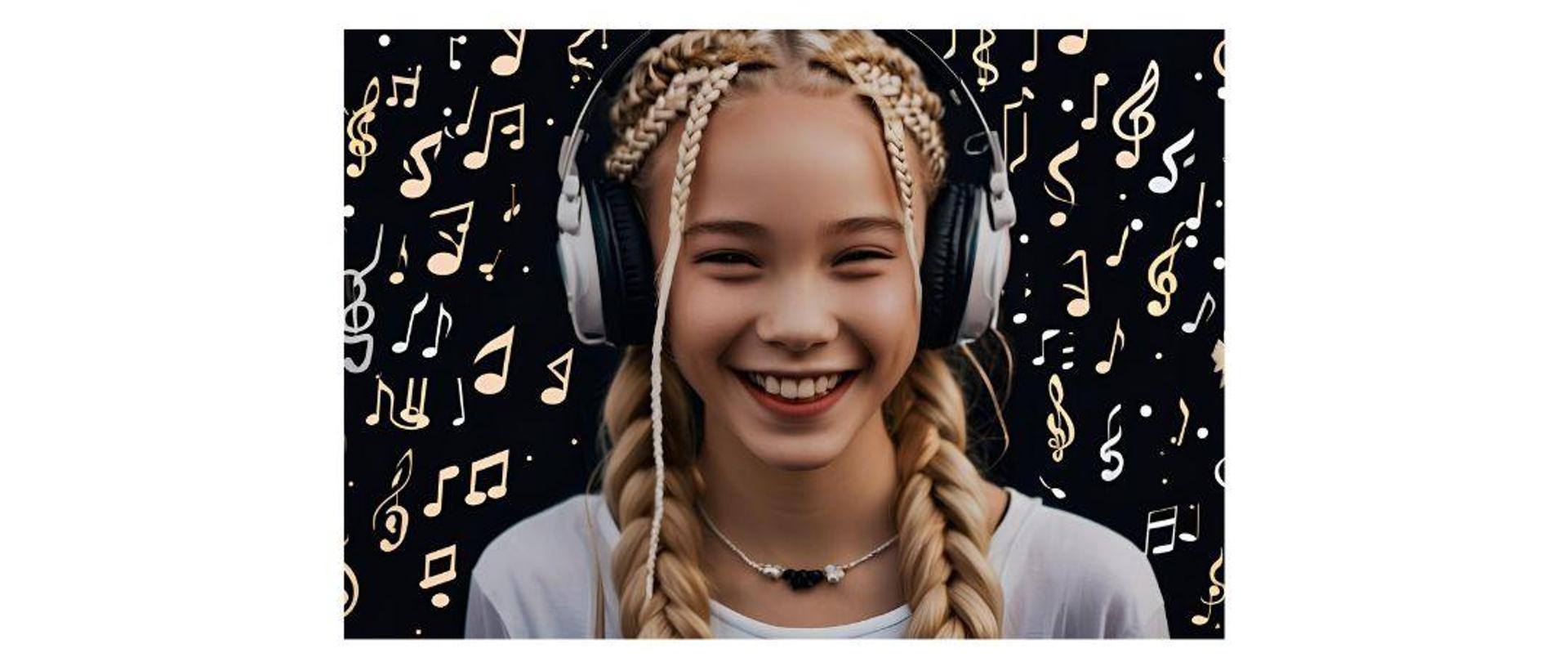 Na zdjęciu znajduje się uśmiechnięta dziewczynka z długimi, splecionymi warkoczami, nosząca duże słuchawki na uszach. W tle widoczne są różne muzyczne nuty i symbole na czarnym tle. Dziewczynka wygląda na zadowoloną i zrelaksowaną, ciesząc się słuchaną muzyką.