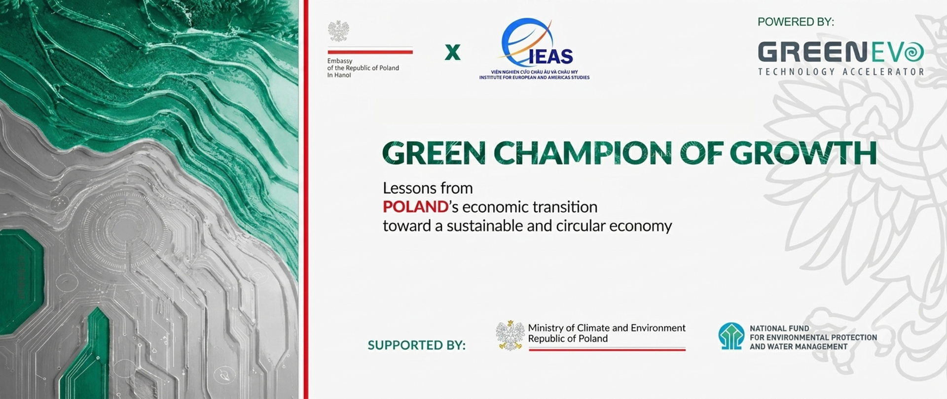 Baner informacyjny w języku angielskim promujący wydarzenie „Green Champion of Growth”. 