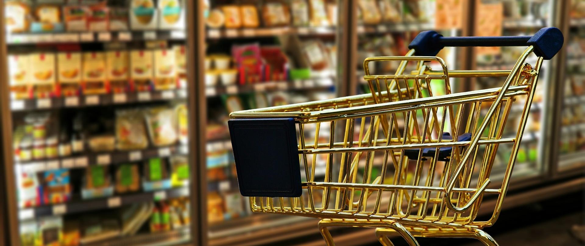 Pusty metalowy koszyk sklepowy na kółkach na tle lodówek z produktami spożywczymi w sklepie. 