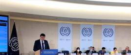 Ambasador Zbigniew Czech przy mównicy z napisem OIT, przemawiający na sesji plenarnej Międzynarodowej Konferencji Pracy. Na prawo od Ambasadora siedzą uczestnicy Międzynarodowej Konferencji Pracy, za nimi zamieszczono na ścianie trzy duże bannery z napisem IOT. Po lewej i prawej stronie mównicy stoją okazałe storczyki, po lewej stronie stoi flaga Międzynarodowej Organizacji Pracy z napisem OIT.