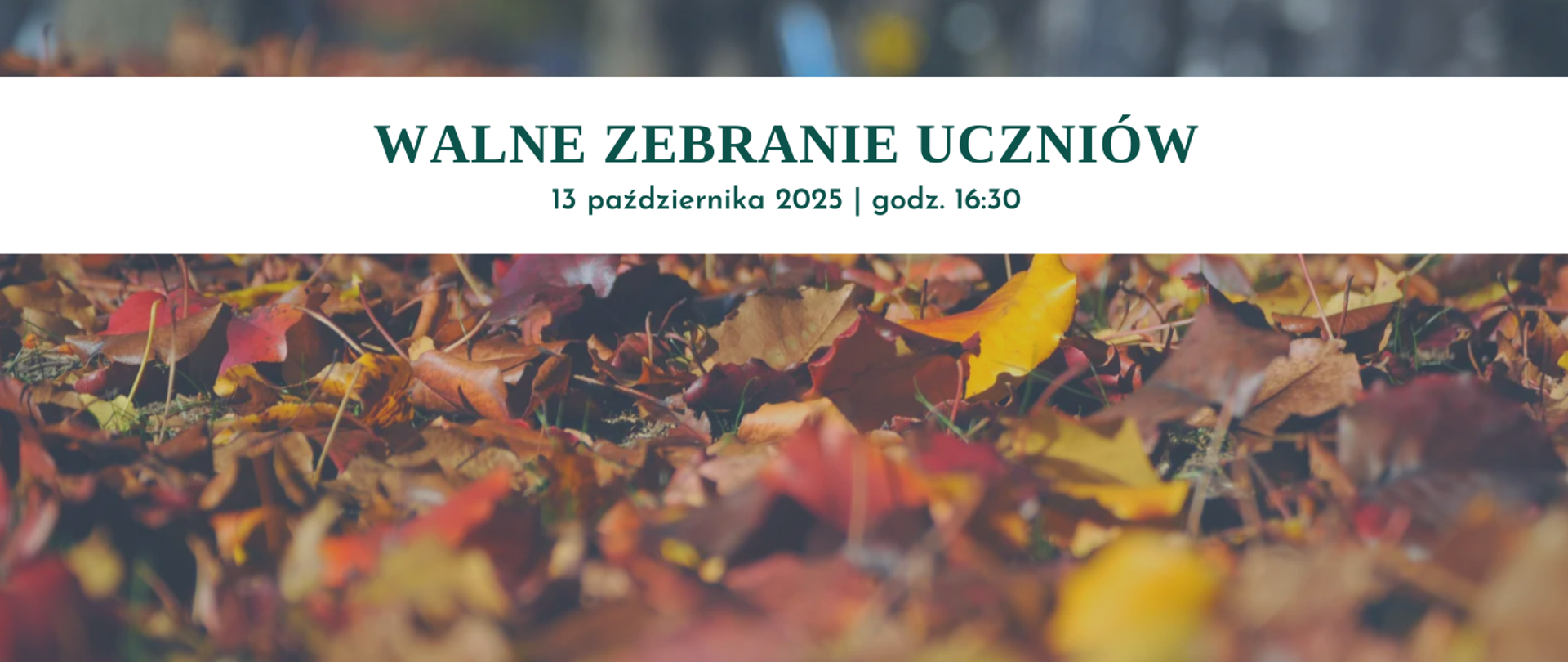 Tło obrazka to leżące na trawie liście e odcieniach jesieni: żółte, czerwone, brązowe. W górnej części obrazka biały pasek, a na nim czarny napis "Walne Zebranie Uczniów, 13 października 2025 godz. 16:30".