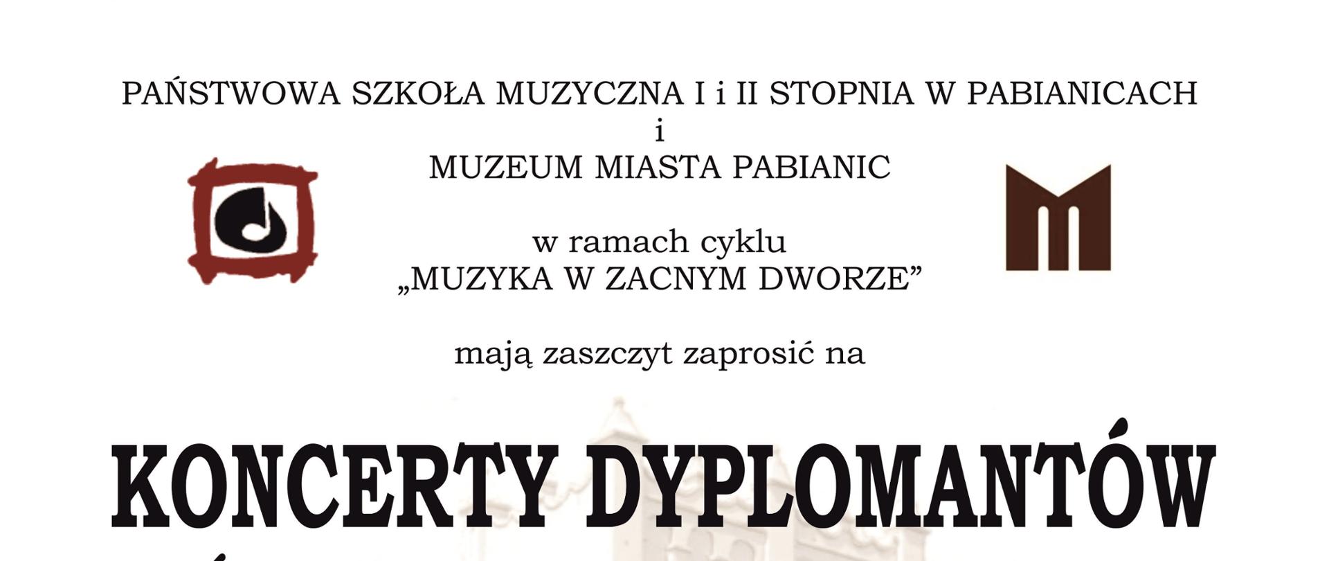W górnej belce logo PSM i i II st Muzeum miasta Pabianic wraz z tytułem cyklu "Muzyka w zacnym dworze". W centralnej części plakatu, na tle szarego zdjęcia budynku dworu Kapituły Krakowskiej tytuł koncertu i terminy - 20 i 21 czerwca godz. 18.00