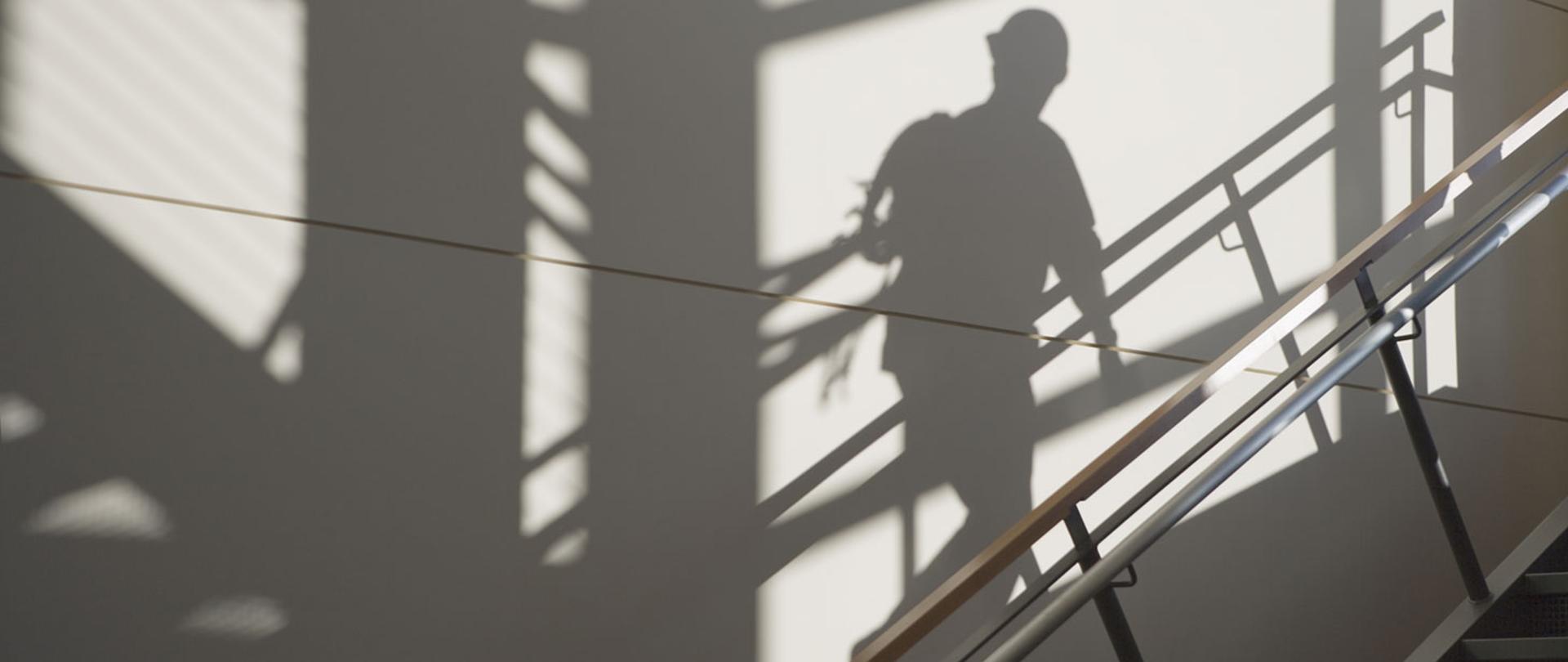 Zdjęcie przedstawia cień robotnika, który wchodzi po schodach z narzędziami i w kasku.