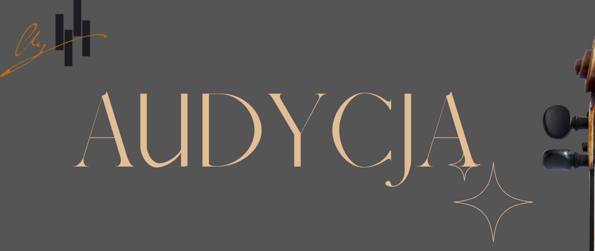 Plakat ma tło w ciemnoszarym, eleganckim kolorze. Jego kompozycja jest prosta i czytelna, a akcentem graficznym jest zdjęcie skrzypiec widocznych po prawej stronie plakatu – pokazanych od pudła rezonansowego aż po główkę instrumentu. Skrzypce mają ciepły, brązowy kolor drewna, co kontrastuje z chłodnym tłem. Treść plakatu zapisana jest jasnym, beżowym i białym fontem o klasycznym, eleganckim wyglądzie. Najważniejsze informacje zapisano wielkimi literami. Treść plakatu: AUDYCJA
UCZNIÓW PANI KAROLINY SZYMBARY Z KLASY SKRZYPIEC I/6 ORAZ I/4 Przy fortepianie: KAROLINA LICHAJ 17 czerwca 2025 r. (wtorek) Sala kameralna, godz. 17:30 Na dole plakatu znajduje się zaproszenie: ZAPRASZAMY !!! Dodatkowe elementy wizualne: Po lewej stronie u góry znajduje się elegancki podpis lub logo – może to być stylizowana sygnatura artystyczna. Obok napisu "AUDYCJA" widnieją subtelne, dekoracyjne linie przypominające błyszczące gwiazdki. Ten plakat zapowiada koncert uczniów klasy skrzypiec i ma charakter kulturalny – spokojny, klasyczny i zapraszający. Dominująca symbolika skrzypiec i starannie dobrana typografia sugerują wydarzenie o artystycznym i edukacyjnym charakterze.