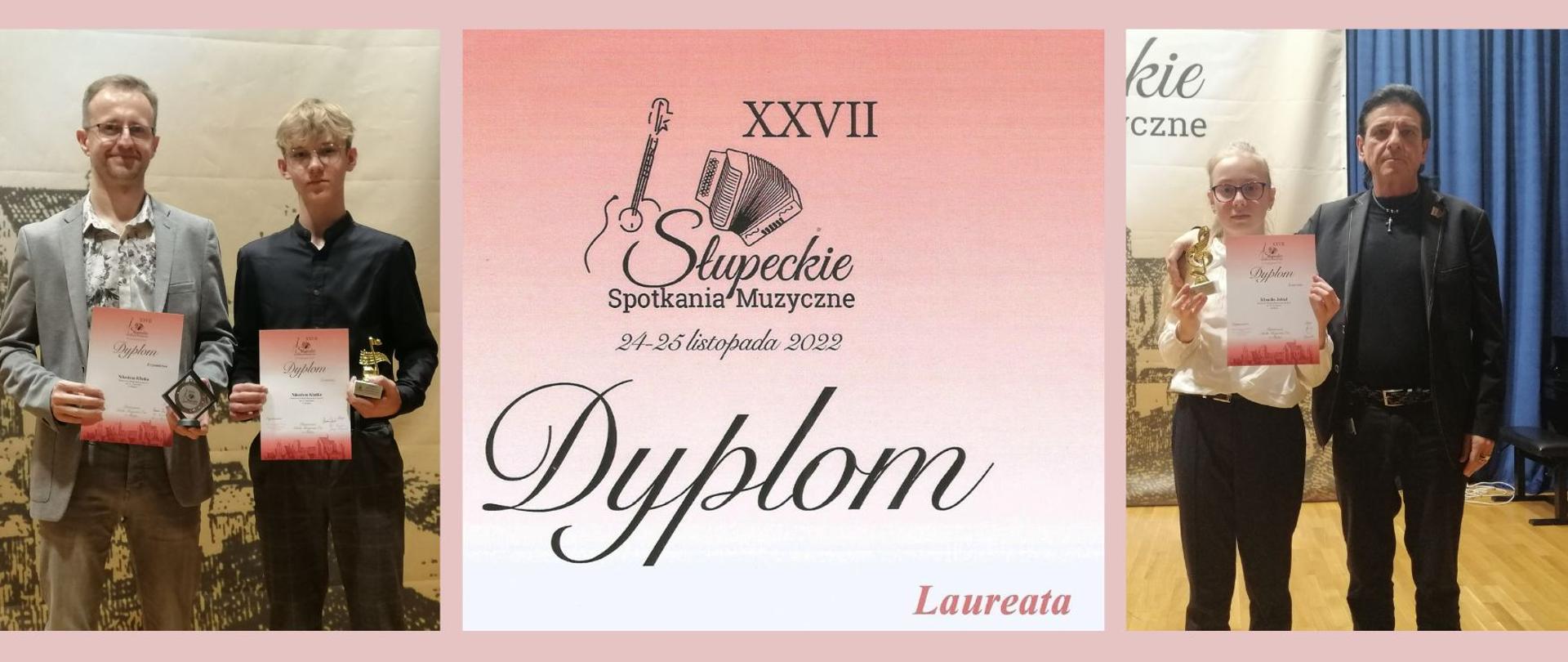 Projekt ze zdjęciami i grafiką. Po prawej i lewej stronie znajdują się zdjęcia nauczycieli z uczniami. Pomiędzy zdjęciami wstawiona jest grafika – fragment dyplomu z logo Słupeckich Spotkań Muzycznych na różowym tle i napisem dyplom oraz laureat. Zdjęcie z prawej strony przedstawia uczennicę w białej bluzce trzymającą w jednej dłoni dyplom a drugiej statuetkę i nauczyciela ubranego na czarno. W tle widać fragment banneru imprezy i kotarę w kolorze ciemnoniebieskim. Zdjęcie z lewej strony przedstawia nauczyciela w szarej marynarce trzymającego w dłoniach dyplom i medal oraz ucznia ubranego na czarno trzymającego dyplom i statuetkę. W tle widać banner imprezy.