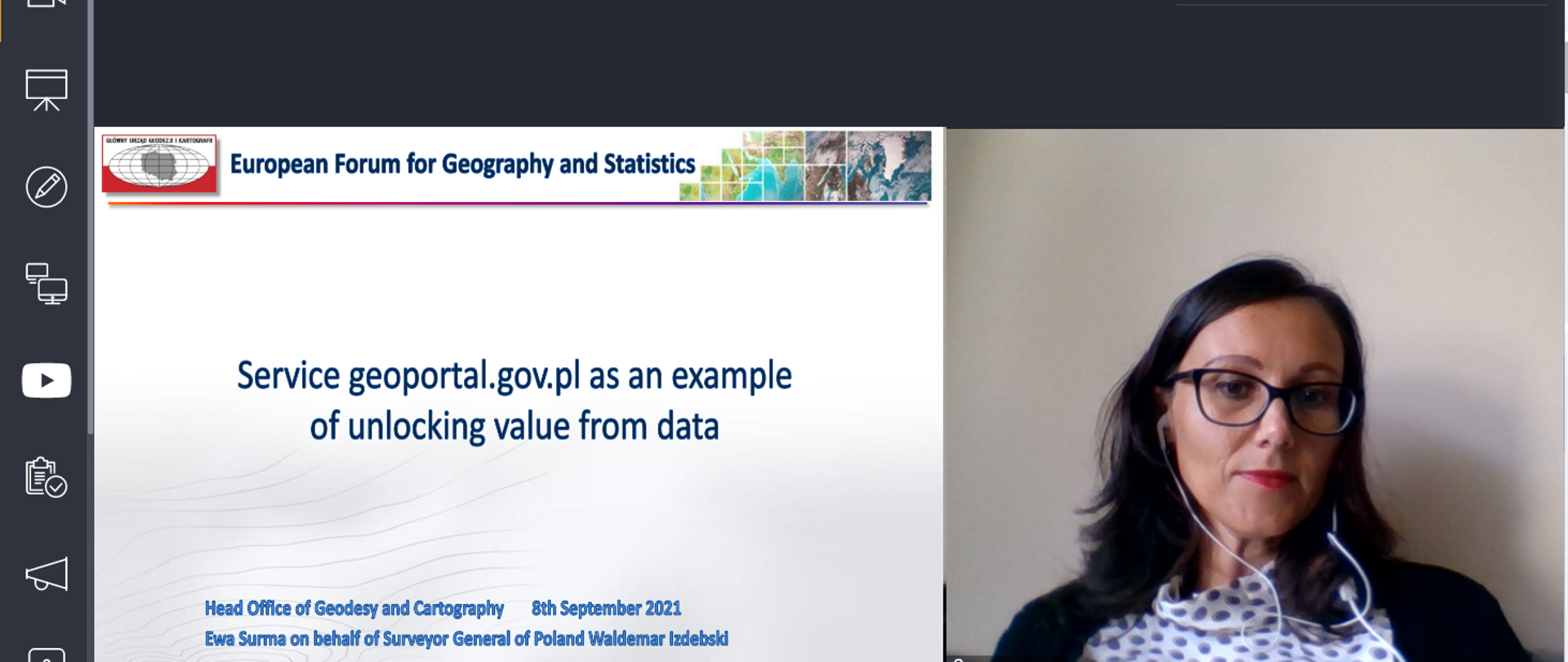 On the left, a screenshot during a video conference EFGS. On the right Ewa Surma representative of the GUGiK.