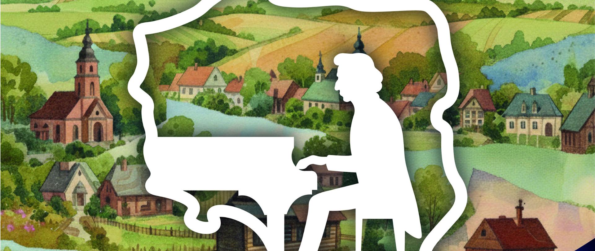 Plakat z białym zarysem mapy Polski na obszarach wiejskich obejmujący kolory brązu , żółcieni i zieleni. W obrysie mapy Polski uwidoczniony jest wizerunek Chopina grającego na fortepianie. Na dole plakatu na białym tle granatową czcionką jest napisane. Cała Polska gra Chopina z Fundacją PZU. Poniżej napis Państwowa Szkoła Muzyczna I stopnia im A. Kurylewicza w Namysłowie/sala koncertowa wstęp wolny .4.11.2025(wtorek godz.18.00.mateusz Krzyżowski - fortepian. na samym dole plakaty logotypy: Pomysłodawca projektu: PZU Fundacja, Organizator Filharmonia Opolska im. Józefa Elsnera, partner: Państwowa Szkoła Muzyczna I stopnia w Namysłowie