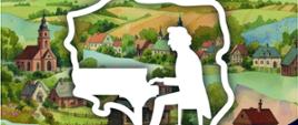 Plakat z białym zarysem mapy Polski na obszarach wiejskich obejmujący kolory brązu , żółcieni i zieleni. W obrysie mapy Polski uwidoczniony jest wizerunek Chopina grającego na fortepianie. 