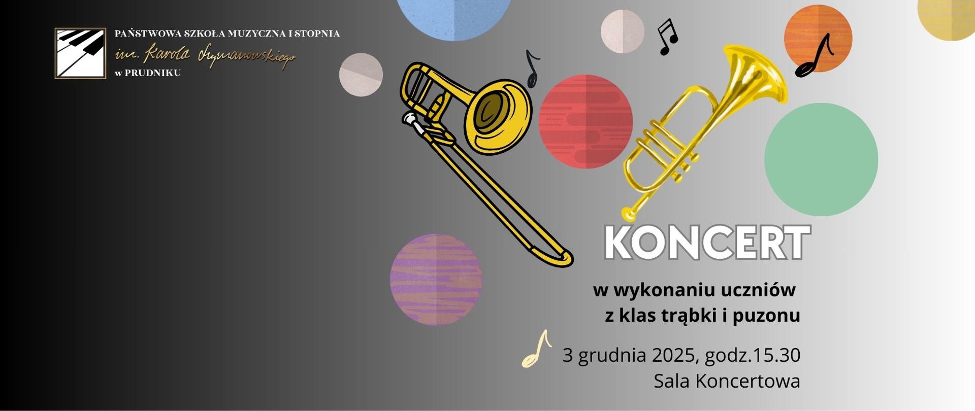 Baner z informacją o koncercie. Na szarym tle napisy oraz grafika przedstawiająca puzon i trąbkę.