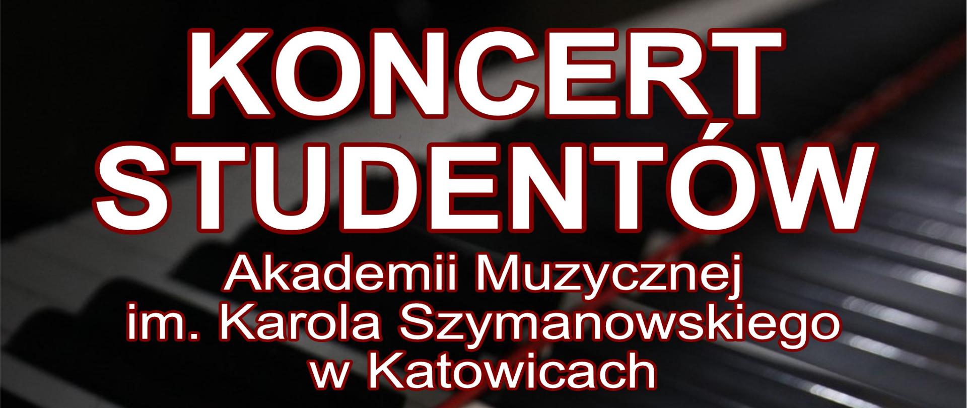 Grafika na czarno białym tle z widocznym elementem klawiatury fortepianowej, zawiera w lewym górnym rogu logo szkoły oraz w części centralnej białymi drukowanymi literami treść: "Koncert studentów Akademii Muzycznej im. Karola Szymanowskiego w Katowicach z klasy fortepianu prof. Piotra Sałajczyka, Jakub Cetnarowski, Krzysztof Goliszek, Weronika Mucha, Jolanta Wieliczka". Na dole znajduje się napis: "Bochnia, 5 stycznia 2023 r. godz. 17:00".