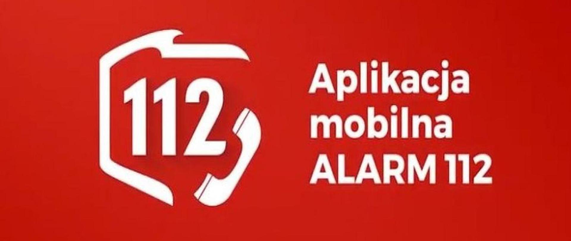 Obraz to czerwone tło na którym naniesione są białe napisy. Z lewej strony obrazu widzimy mapę polski a w środku napis 112 wraz ze słuchawką. Po prawej stronie widzimy napis: Aplikacja mobilna ALARM 112. 