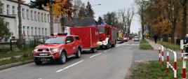Samochody strażackie ustawione wzdłuż ulicy na przeciwko przedszkola.