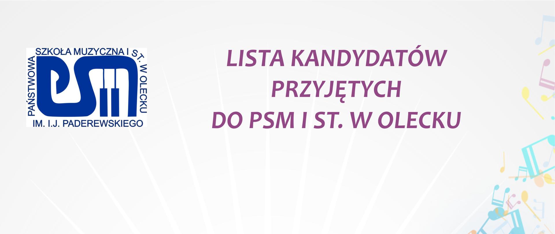 Grafika na jasnym tle z nutami w kolorze pastelowym, w lewym górnym roku logo szkoły w kolorze niebieskim, obok loga treść: lista kandydatów przyjętych do psm pierwszego stopnia w olecku