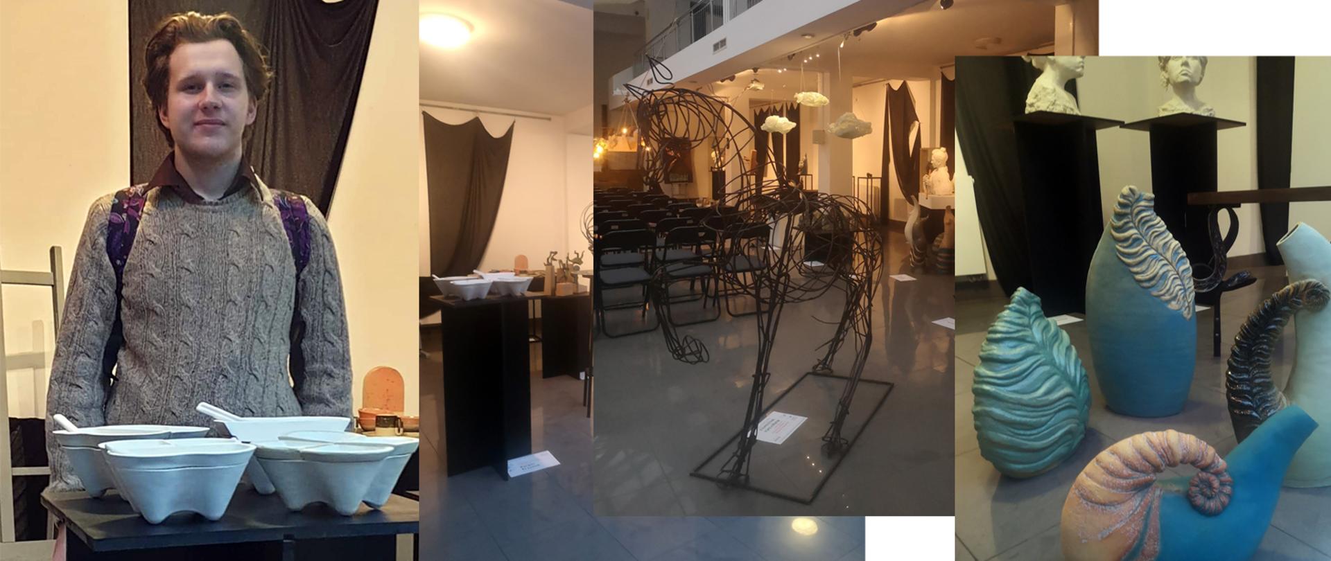 zdjęcie przedstawia naszego ucznia Kacpra Krzyśka wraz ze swoją pracą, dzięki której zajął 1 miejsce w kategorii Ceramika artystyczna na I Ogólnopolskim Biennale Form Rzeźbiarskich i Użytkowych organizowanym przez Centrum Edukacji Artystycznej.