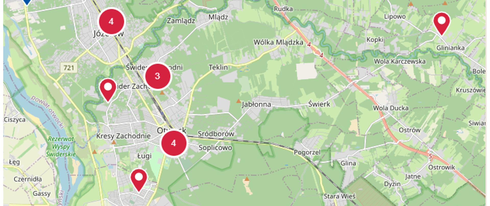 Mapka obrazująca duży fragment powiatu otwockiego z zaznaczonymi punktami szczepień
