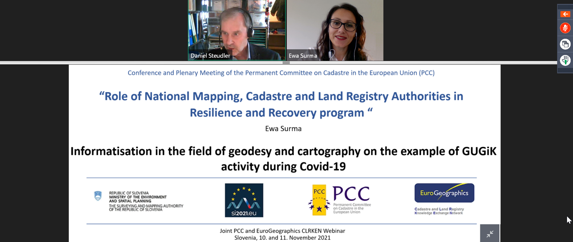 Daniel Steudler and Ewa Surma on the Permanent Committee on Cadastre(PCC) videoconference.