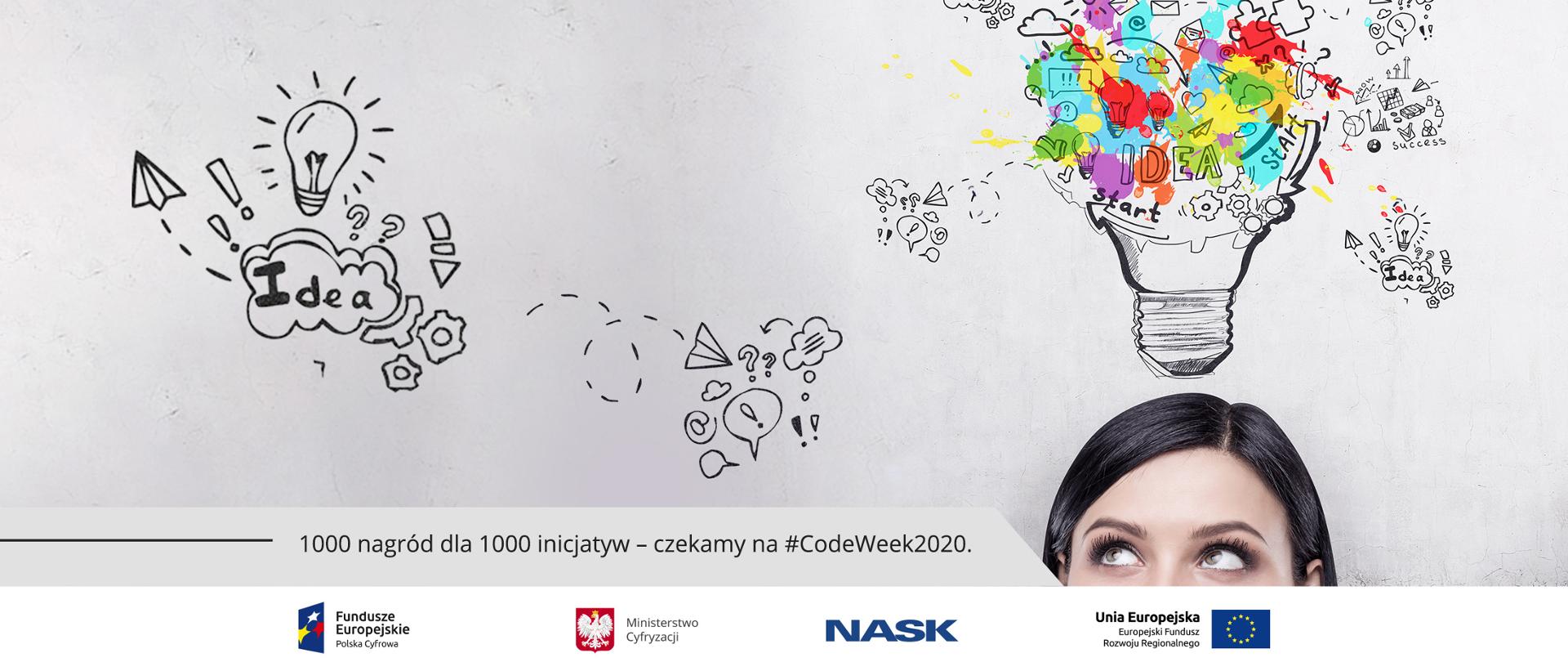 1000 nagród na 1000 inicjatyw - czekamy na CodeWeek2020 - napis na grafice. Logotypy FE, MC, NASK i UE. Na szarym tle oczy dziewczyny patrzącej w gróre i rysunki żarówek i napis "idea". Z żarówki wystają kolorowe fragmenty.