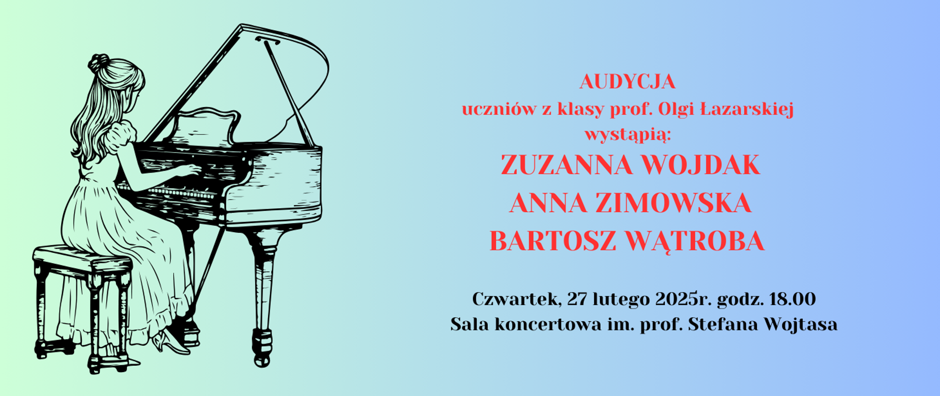 Audycja klasy fortepianu 27.02.2025 godz.18.00 kolorowy plakat grafika dziewczyna przy fortepianie