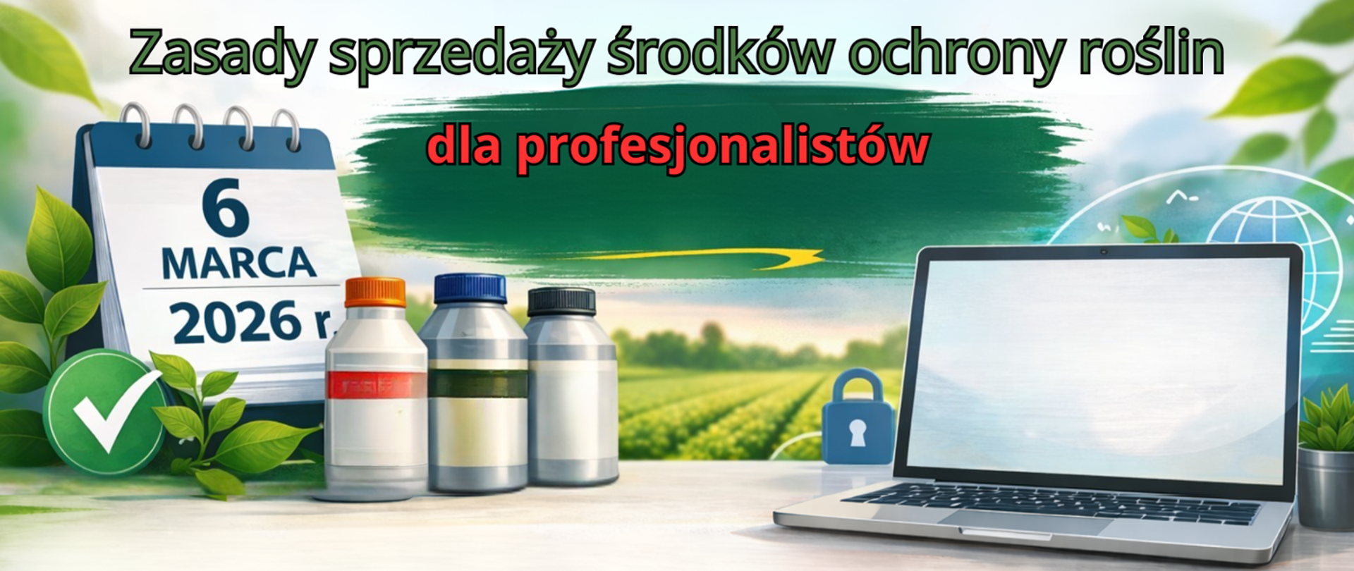 Obrazek przedstawiający kalendarz z datą 6 marca 2026 r., obok butelki z nakrętkami. Po prawej stronie laptop. Na środku napis: Zasady sprzedaży środków ochrony roślin dla profesjonalistów 