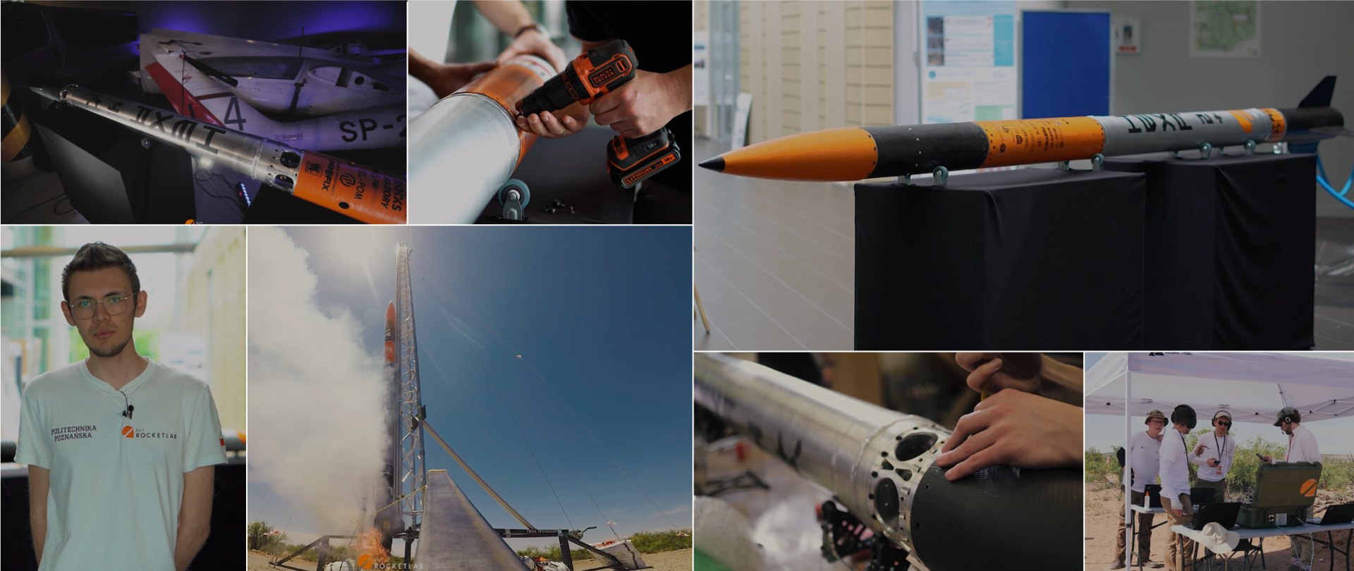 Kolaż kilku zdjęć przedstawiający studentów konstruujących rakiety kosmiczne.