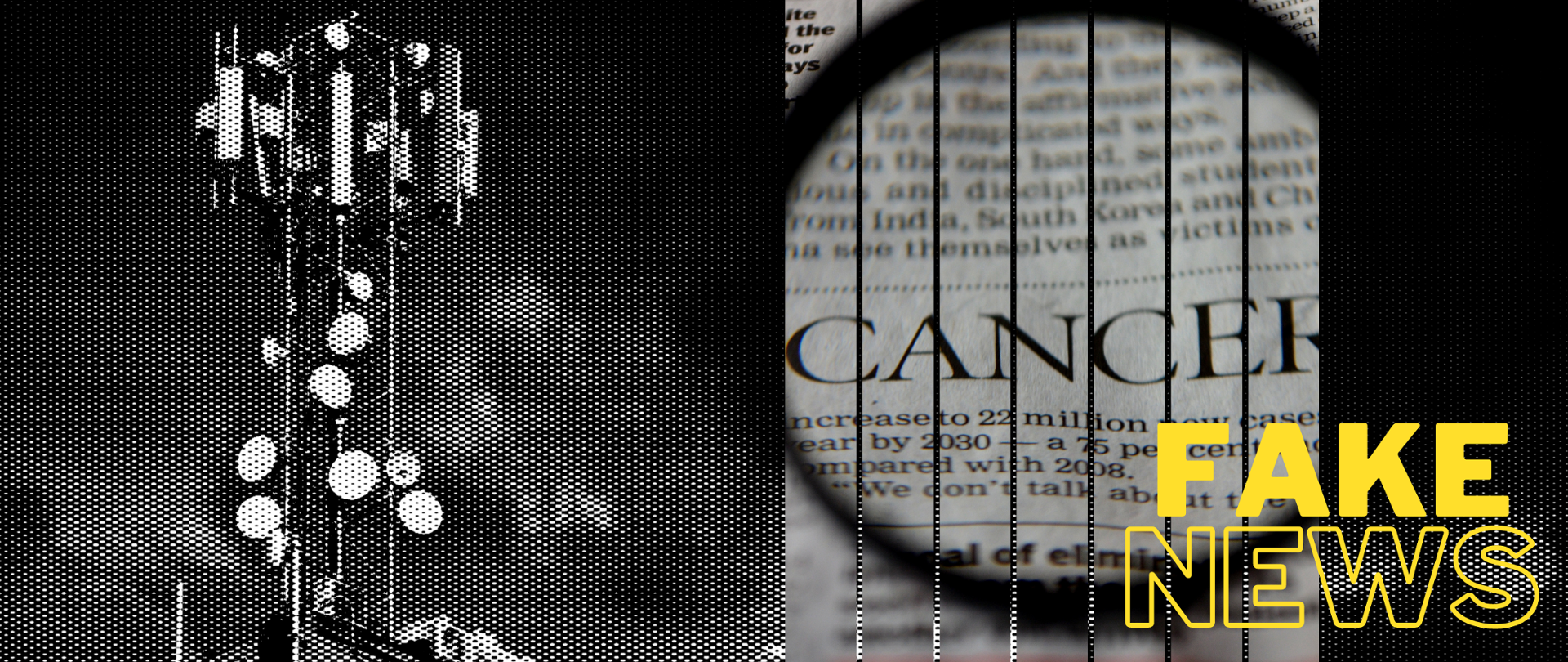 Kolaż zdjęć - maszt telekomunikacyjny oraz urywek gazety z napisem "Cancer". Na tym żółty napis: fakenews.