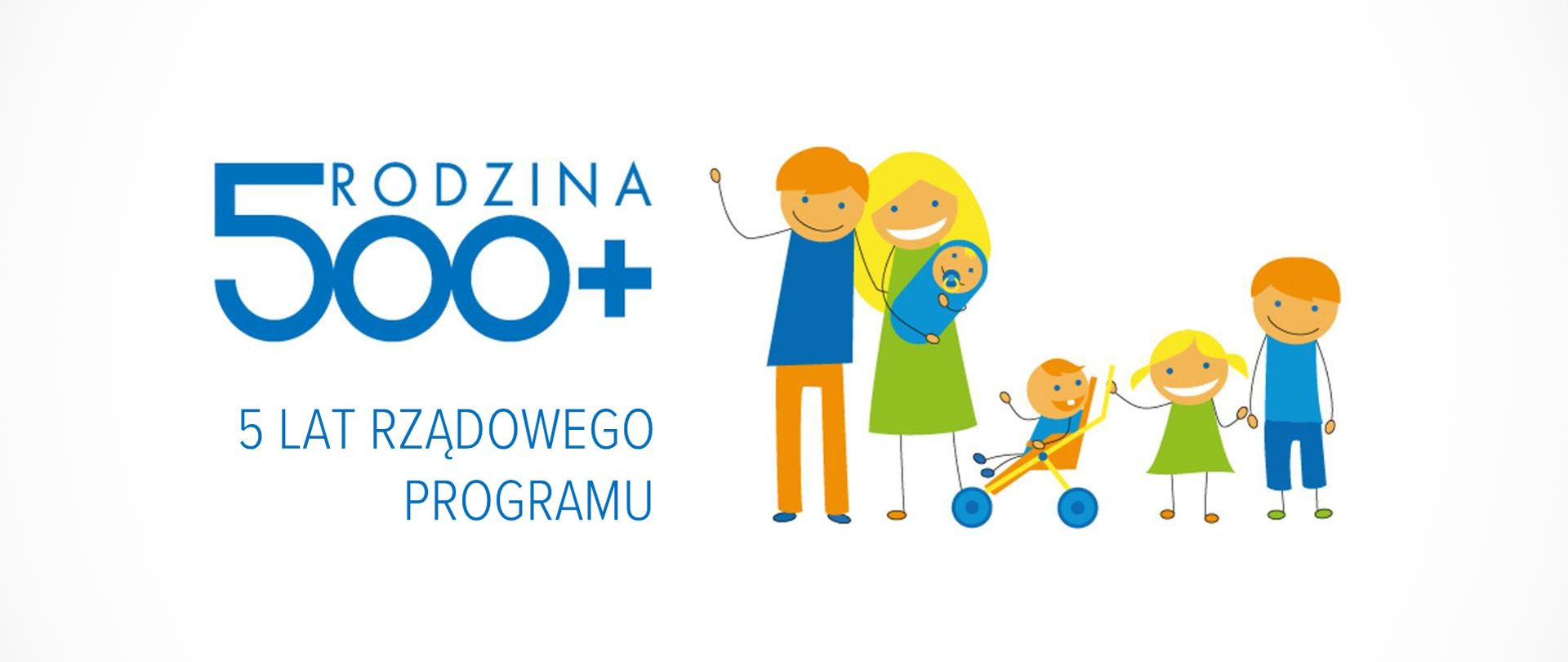 Grafika hasłem "Rodzina 500+ – 5 lat rządowego programu" i ilustracją wielodzietnej rodziny