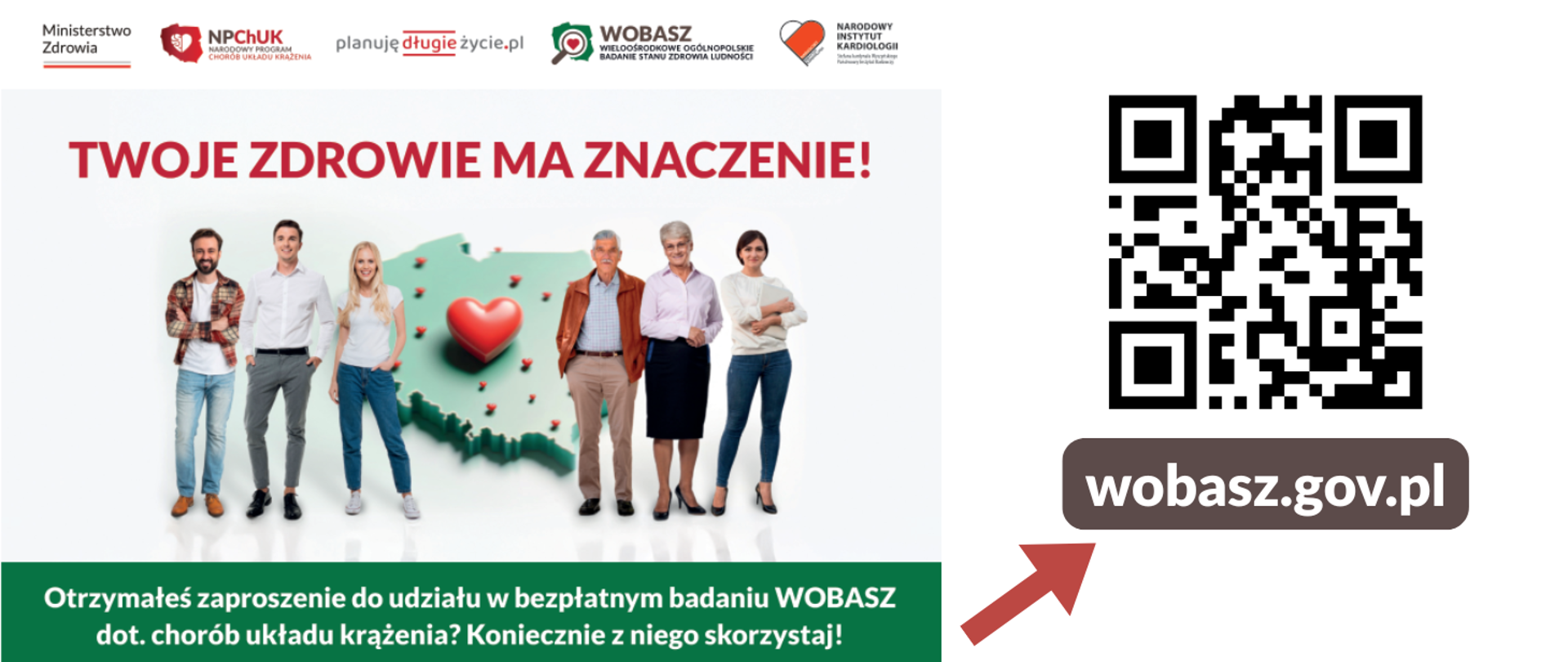 po lewej stronie zdjęcie 6 osób w różnym wieku na tle konturu Polski, w centralnej części konturowej mapy polski symbol czerwonego serca, napis "Twoje zdrowie ma znaczenie", po prawej stronie kod QR i link do strony internetowej Wieloośrodkowego Ogólnopolskiego Badania Stanu Zdrowia Ludności (WOBASZ). 