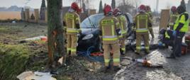 Na zdjęciu widać rozbity samochód osobowy przy którym stoją strażacy i policjanci. Jeden z policjantów kuca i coś sprawdza. Samochód stoi pomiędzy płotem ogrodzenia a rowem. Na skraju rowu widać drzewo które jest odrapane na skutek uderzenia samochodu