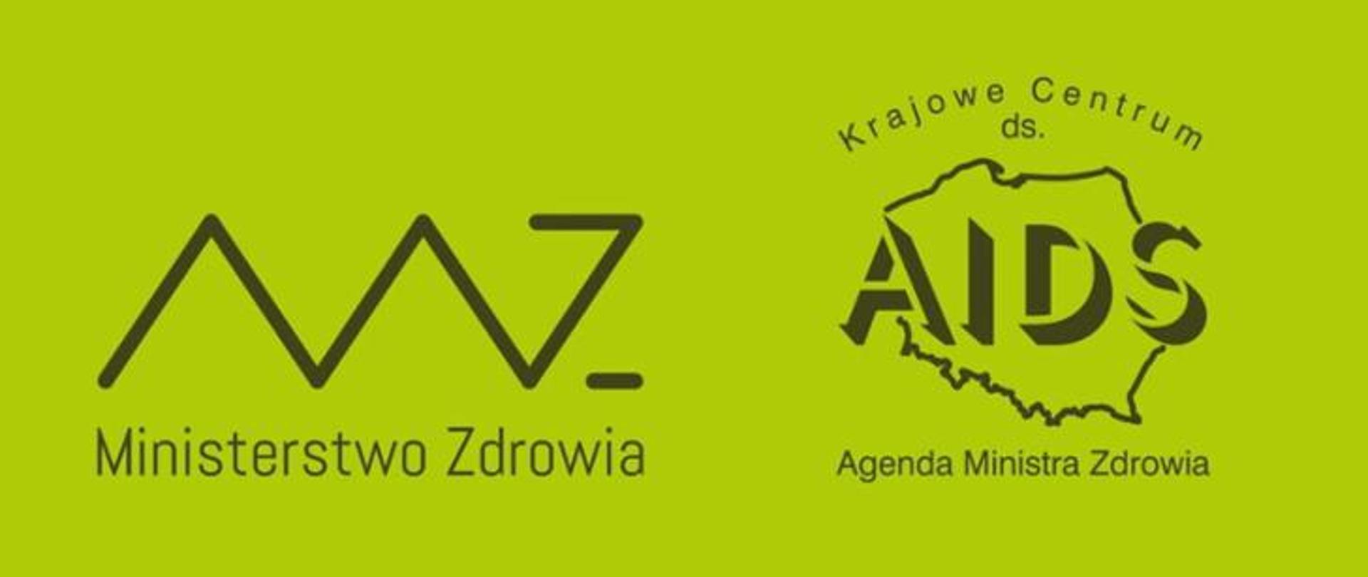 Na zielonym tle logo Ministerstwa Zdrowia oraz logo Krajowego Centrum ds. AIDS