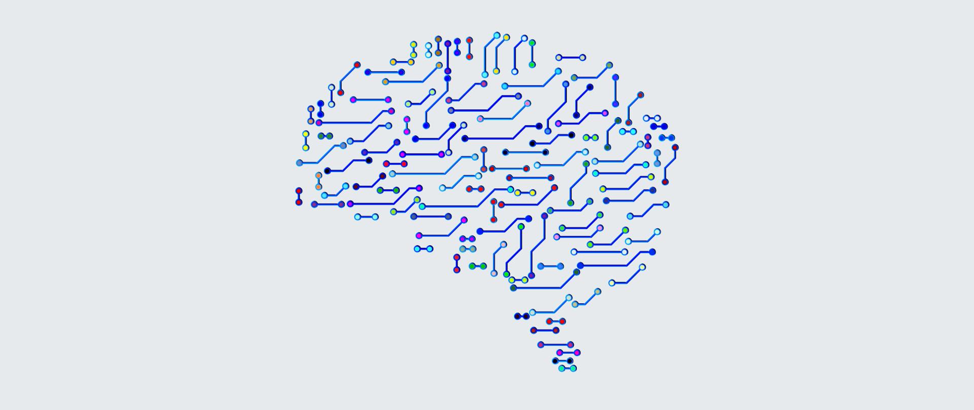 Grafika na jasnoszarym tle. Kolorowe połączenia układają się w kształt ludzkiego mózgu.