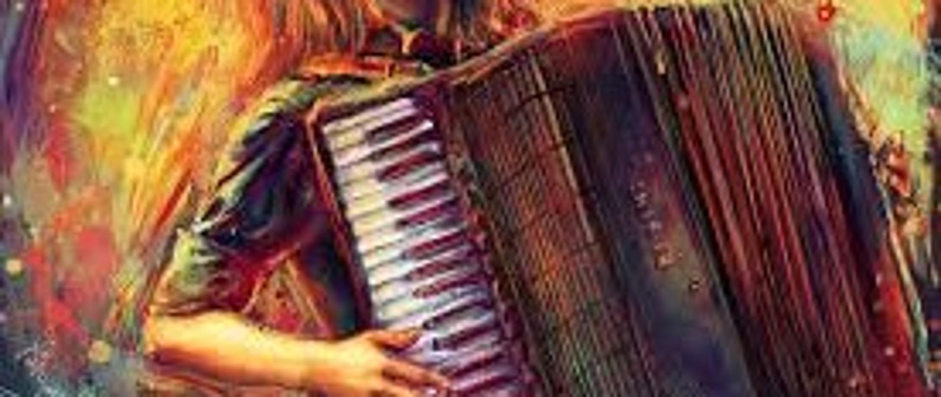 Obraz przedstawiający akordeon - wyglądem przypomina obraz namalowany farbami i przedstawia osobę grającą na akordeonie