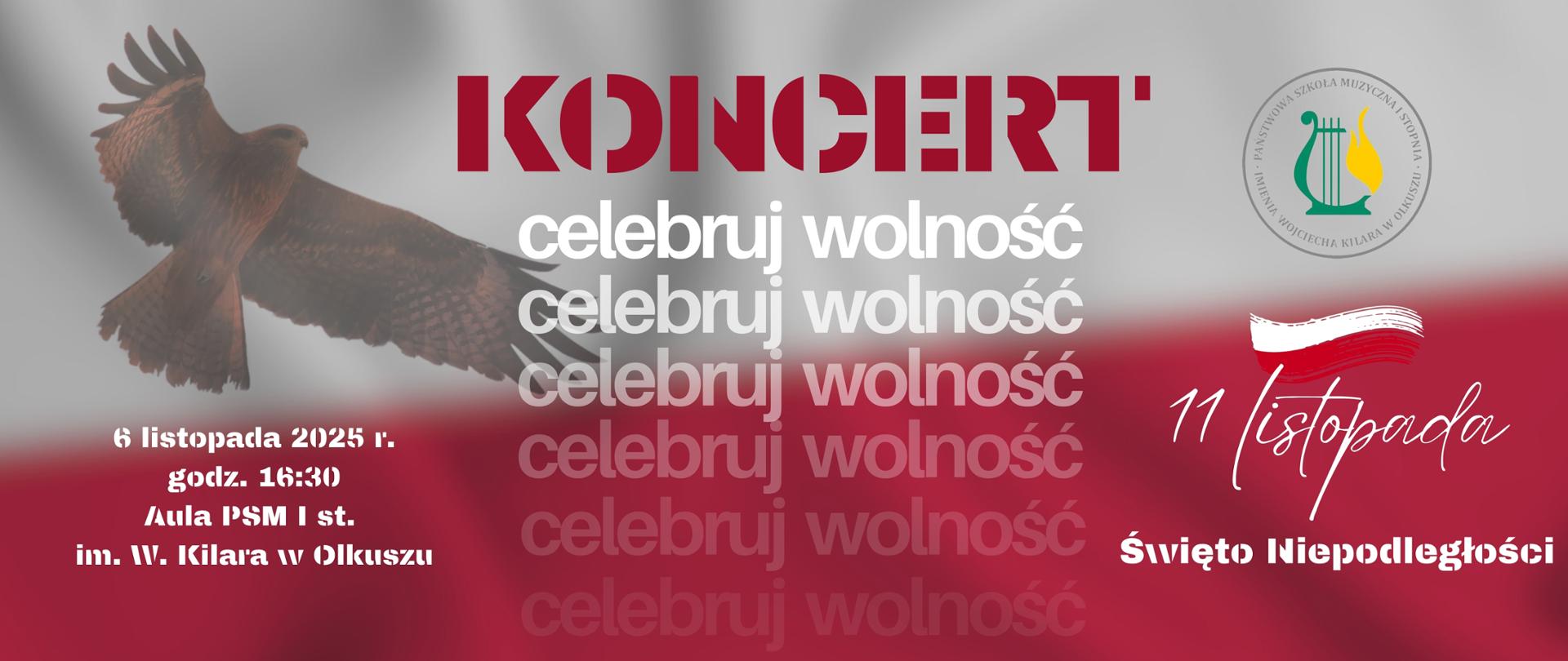 Biało czerwone tło, po lewej stronie orzeł, białe napisy