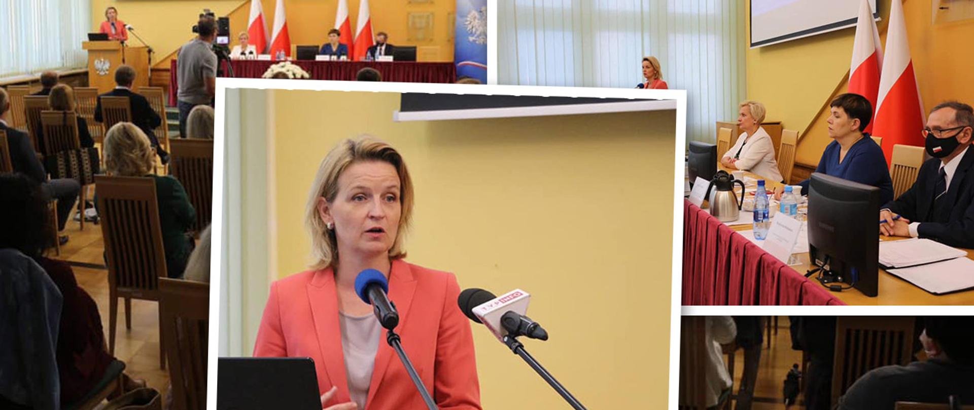 Kolaż zdjęć, W części centralnej minister Socha w czerwonej marynarce. Stoi przed dwoma mikrofonami. W tle dwa zdjęcia na których widać siedzących uczestników spotkania. Po lewej siedzących na krzesłach o wysokich oparciach. Po prawej stół prezydialny a przy nim siedzące trzy osoby.