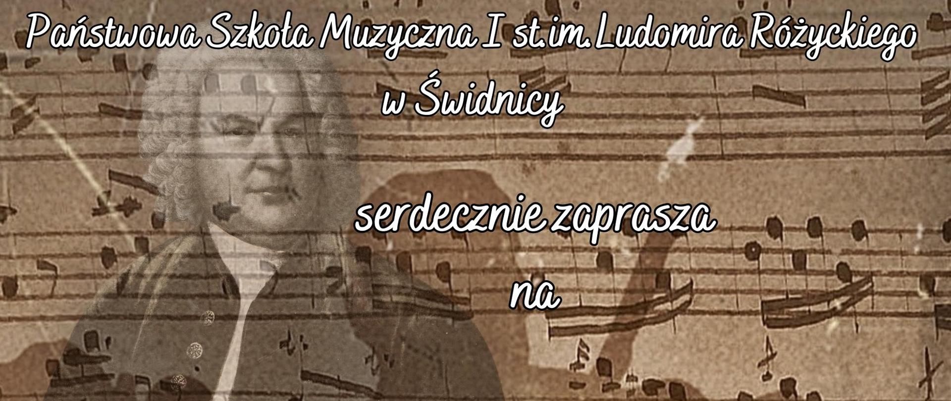 Plak informuje o Konfrontacjach bachowskich. Tło plakatu brązowe odcienie zapisu nutowego i fotrepianu (na dole plakatu). Po lewej stonie na górze prześwituje zdjęcie J.S. Bacha w kolorze szarym. Na tym tle białe ozdbne napisy informujące o dniu czasie i miejscu konfrontacji bachowskich.