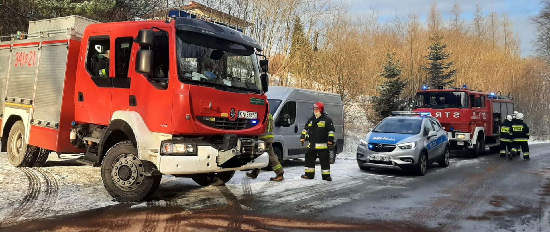 Samochody pożarnicze oraz radiowóz Policji na drodze.Obok samochodów stoją strażacy. Widać fragment samochodu dostawczego. Na drodze plama substancji zasypana sorbentem.