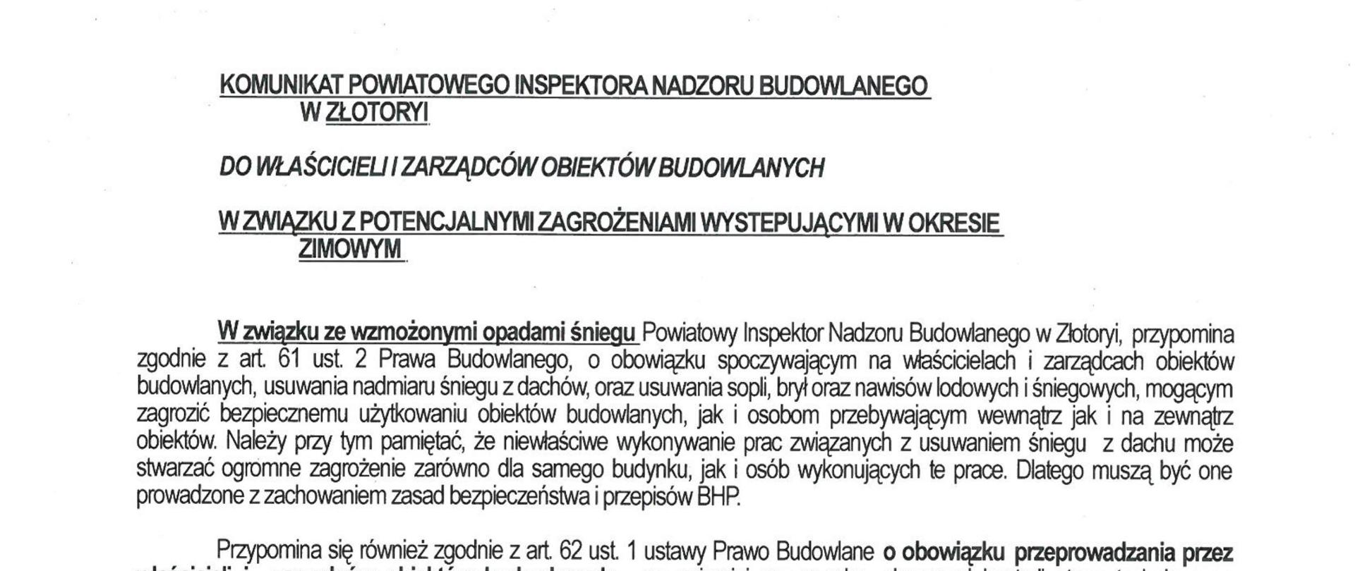 zdjęcie tekstu komunikatu powiatowego inspektora nadzoru budowlanego