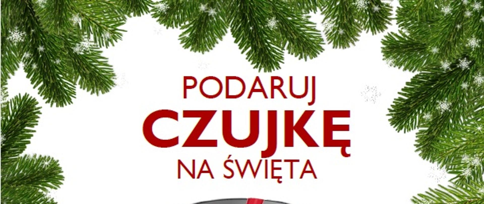 Plakat przedstawia w sposób graficzny i tekstowy do zakupu czujek tlenku węgla i dymu jako prezent świąteczny